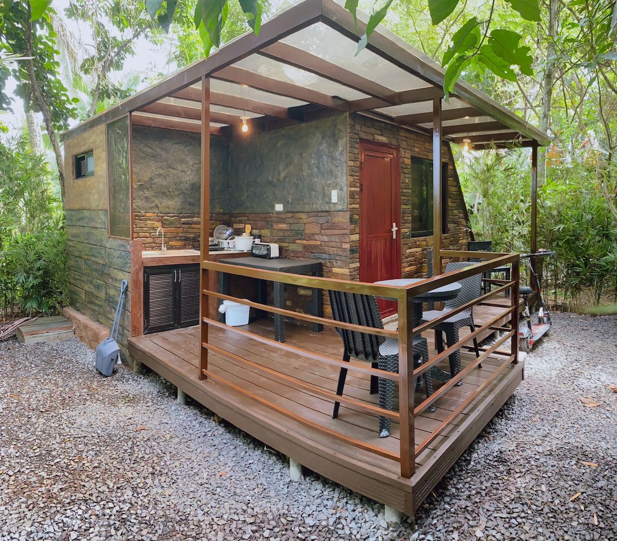 Forest cabin terrace and outdoor seating area